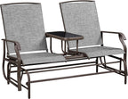 Yaheetech Outdoor Glider Bench Patio Loveseat with Table, Gray | Steel frame, Texteline fabric and tempered glass table provide comfort, easy assembly, and roomy two-person outdoor seating.