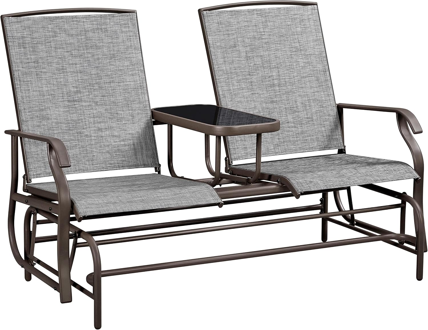 Yaheetech Outdoor Glider Bench Patio Loveseat with Table, Gray | Steel frame, Texteline fabric and tempered glass table provide comfort, easy assembly, and roomy two-person outdoor seating.