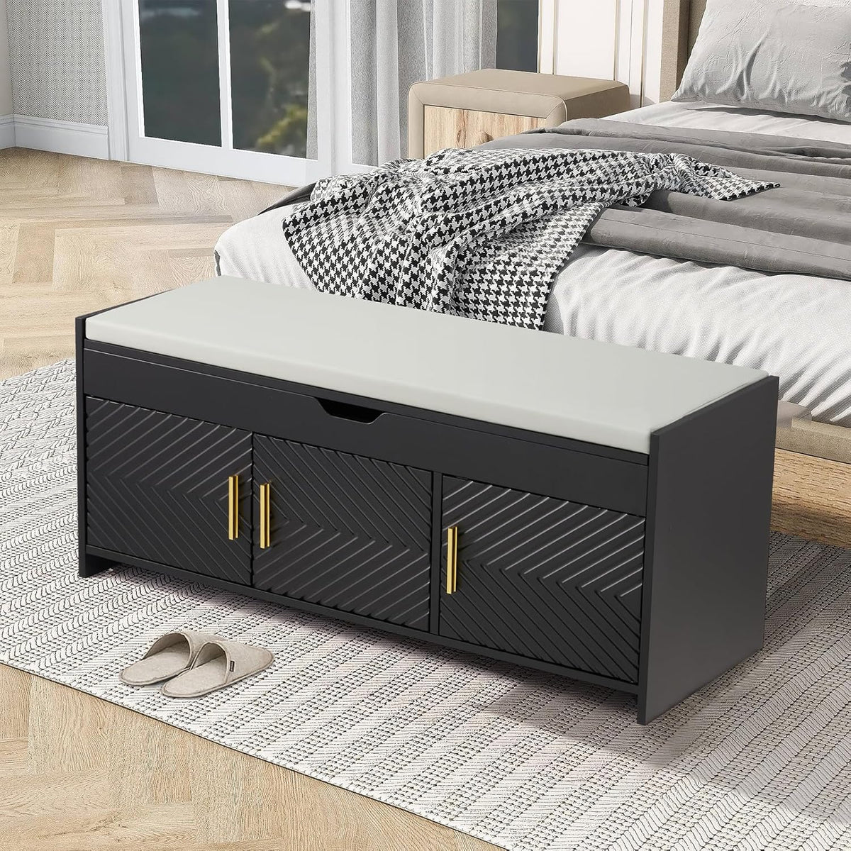 ECOTOUGE Shoe Bench, Storage Bench with Lift Top Storage, Entryway Bench with Cushioned Seat, Adjustable Shelf for Living Room, Bedroom, Hallway, Black