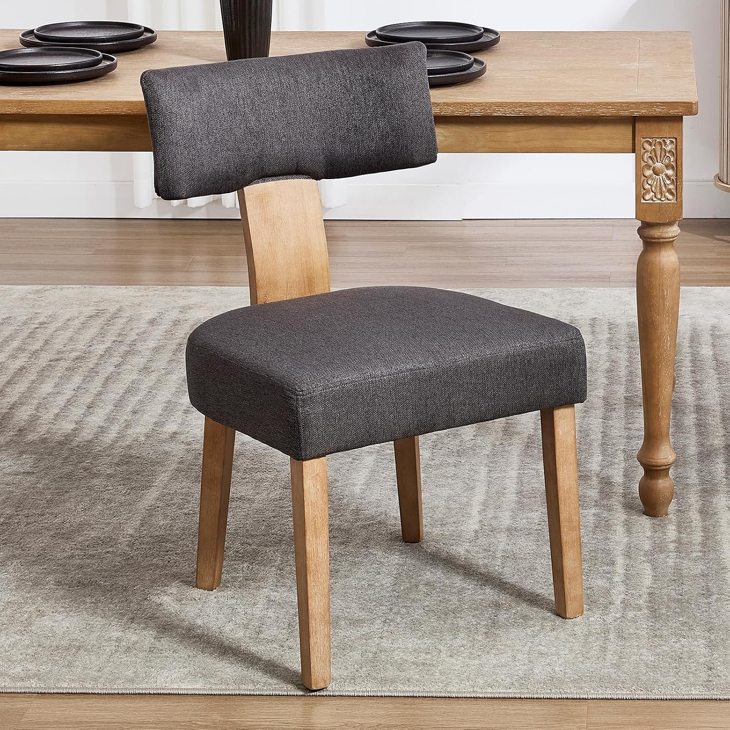 Upholstered Dining Chairs Set of 6, Mid-Century Modern Dining Chairs with Wood Legs, Linen Fabric Farmhouse Kitchen Chairs Armless, Comfy Side Chairs for Living Room/Kitchen, Grey