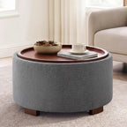 29.1 Inch Round Ottoman Coffee Table, Ottoman with Storage, Boucle Grey | Storage Ottoman with Removable Lid Top, Solid Wood Legs, Round Ottoman for Living Room, Bedroom, Apartments