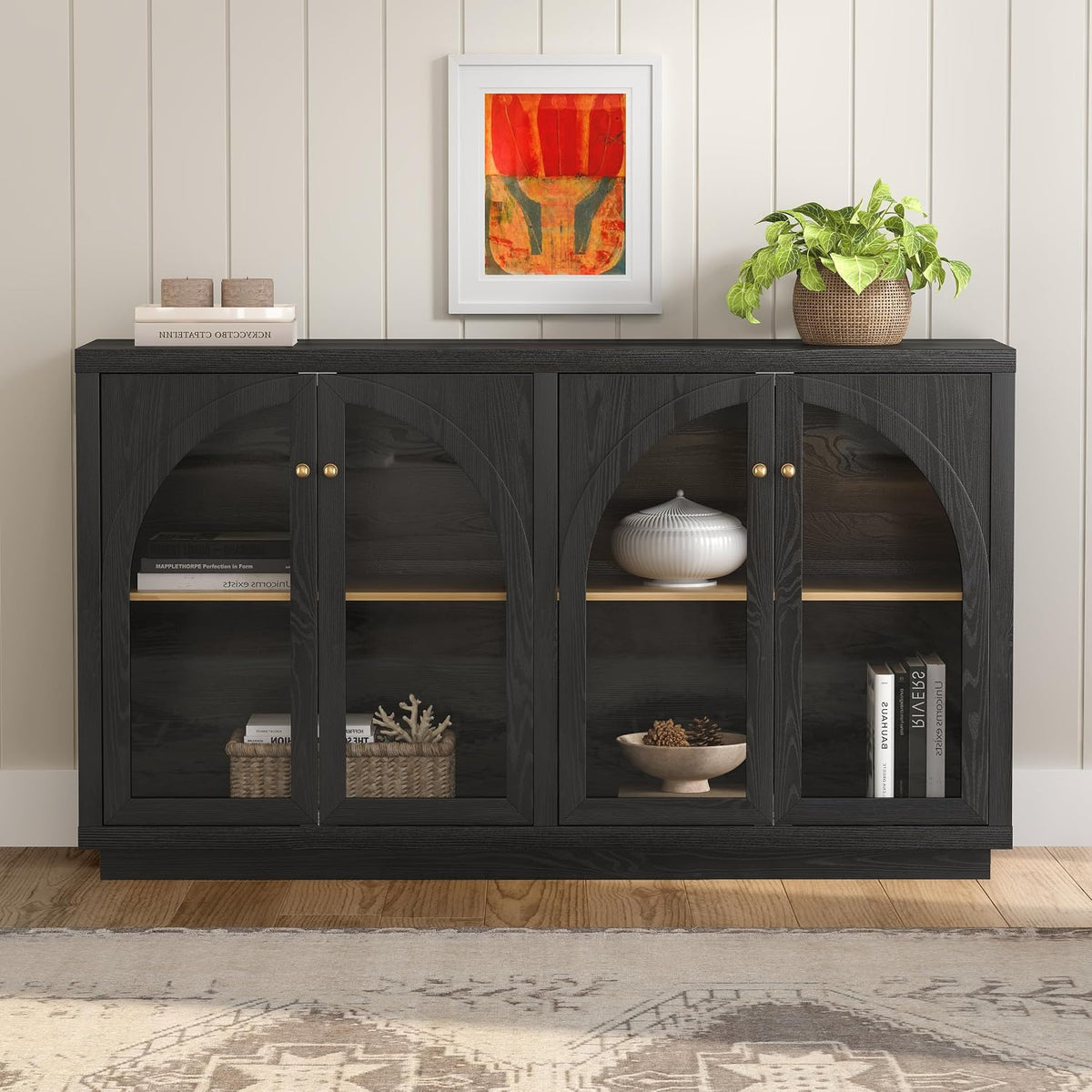 Arched Sideboard Buffet Cabinet with 4 Doors, Modern Accent Storage Cabinet with Adjustable Shelves, Boho Console Table Bar Cabinet Storage Credenza for Living Room, Black/Oak