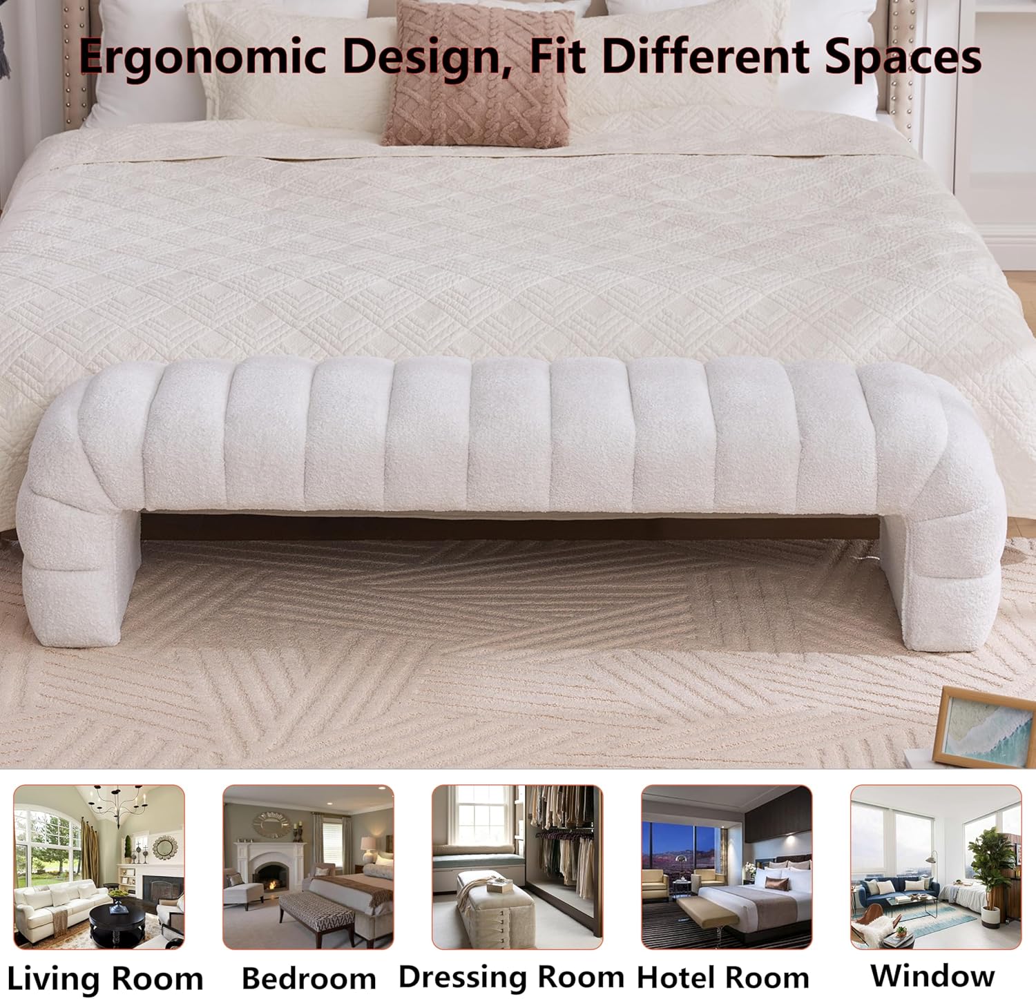 Arched Ottoman Bench for Bedroom Living Room,69.7" Chenille Long Benches for Bed End King Size,Modern Channel Tufted Seating Bench for Entryway,Window,Bedside (Ivory, 69.7")