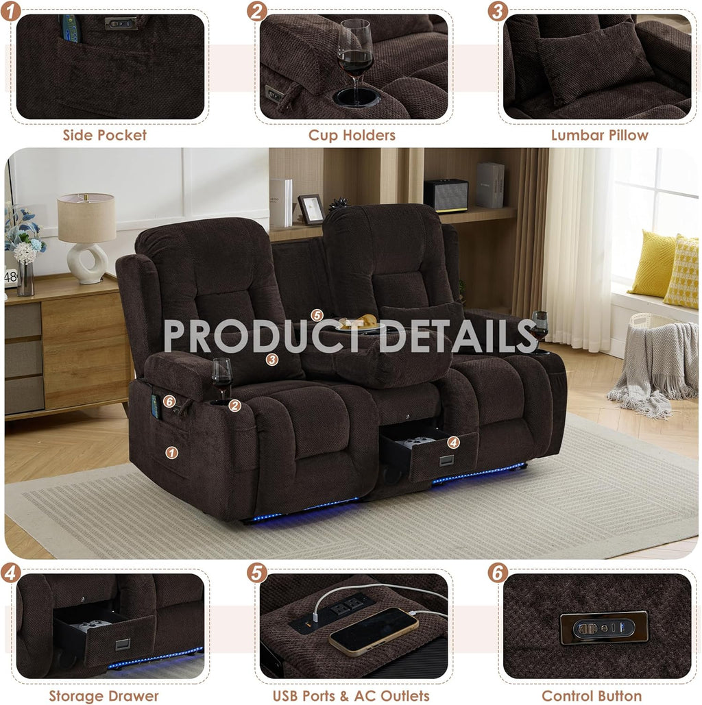 TUNYI Wall Hugger Loveseat Recliner Sofa with Console, Power Reclining Loveseat RV Couch with Massage & Heat/USB/Outlet/Storage/LED Light/Speaker (Brown, 2 Seat with Console)