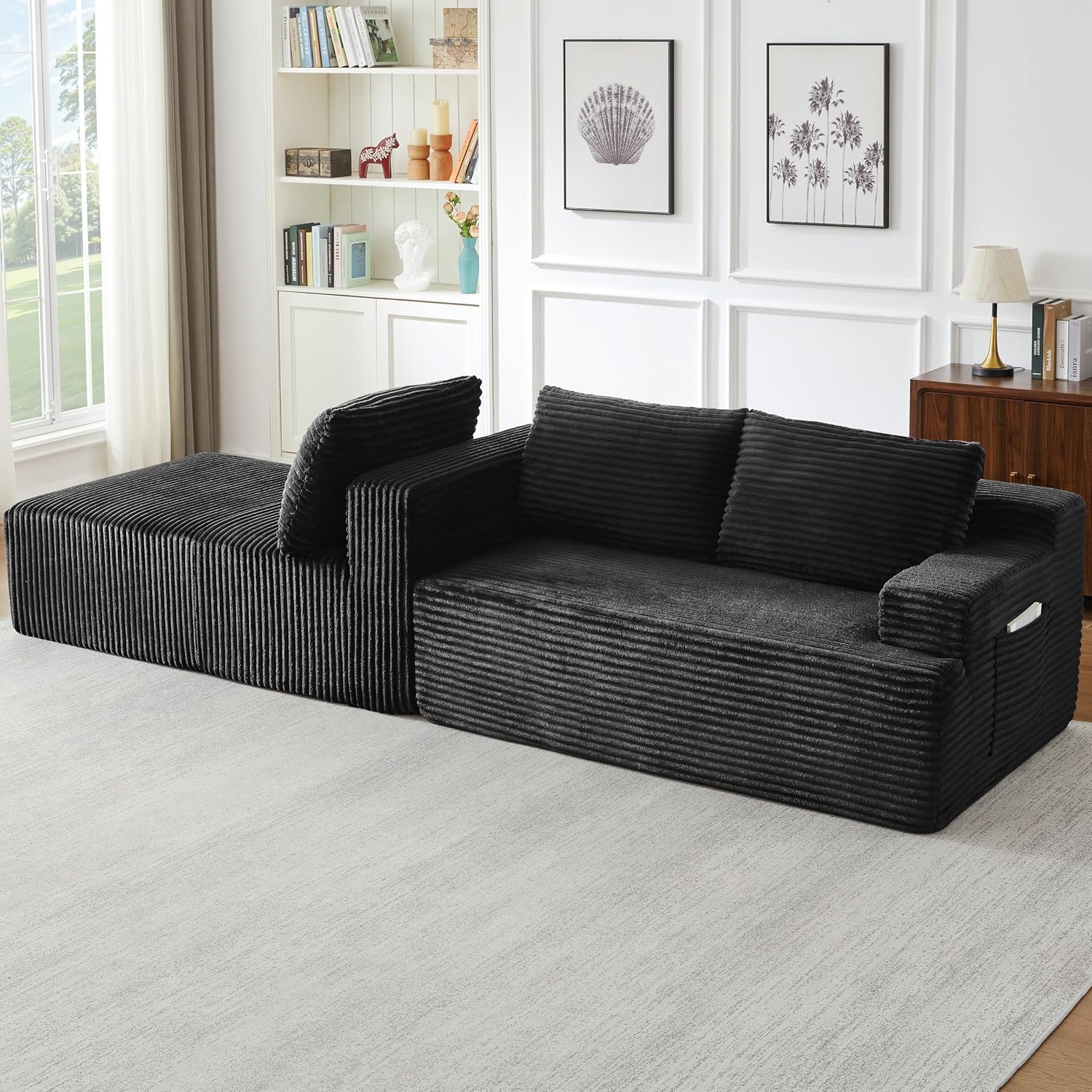 Eafurn 96" L Shaped Cloud Sectional Couch with Chaise, Deep Seat Modular Sectional Sofa Corduroy Memory Foam Sofa Couches for Living Room Bedroom, No Assembly Required, Black