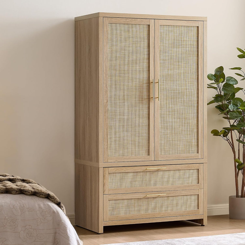 SICOTAS 71 inch Rattan Wardrobe Closet : Armoire Wardrobe with Drawers