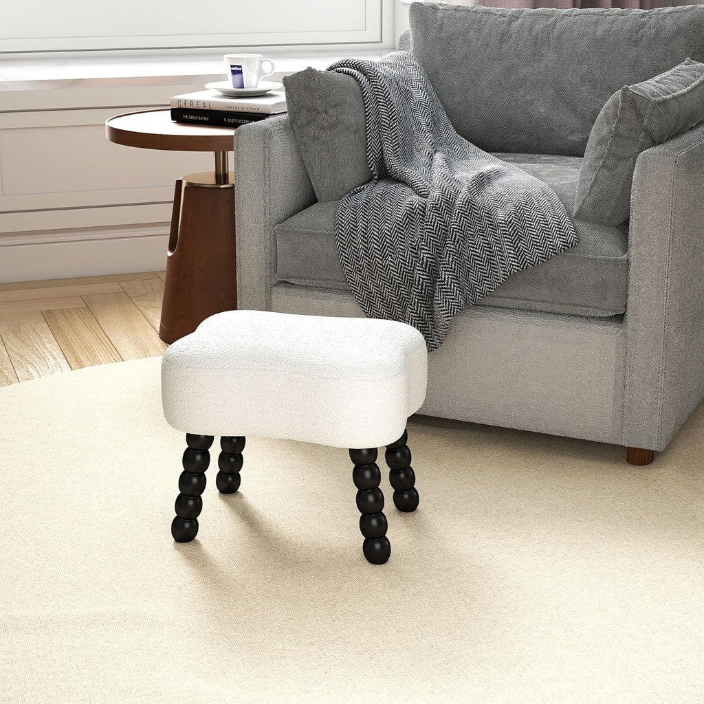 White Ottoman, Small Footrest with Storage Space, Unique Shaped Ottoman with Wood Legs，Faux Teddy Fur(Bone-White)