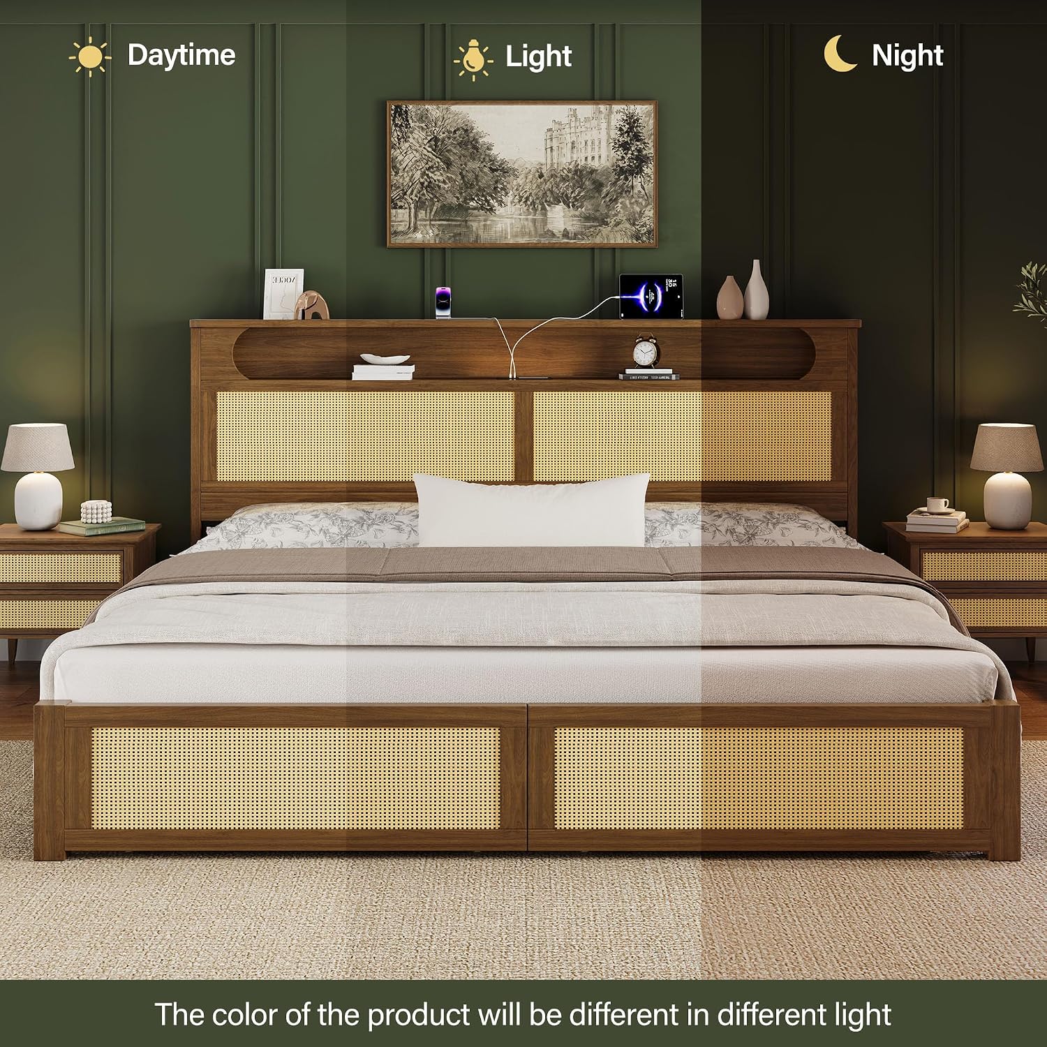 Belffin King Size Rattan Bed Frame with 2 Storage Drawers, Wood Bed, Brown