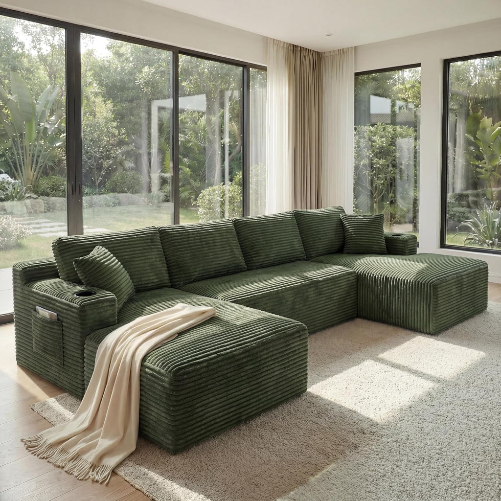 133" U-Shaped Modular Sectional Sofa, Corduroy Couch, Green | Cloud Luxury Comfort, Couches for Living Room, Storage & Cupholder, Oversized Sofa, Deep Seat, No Assembly Required