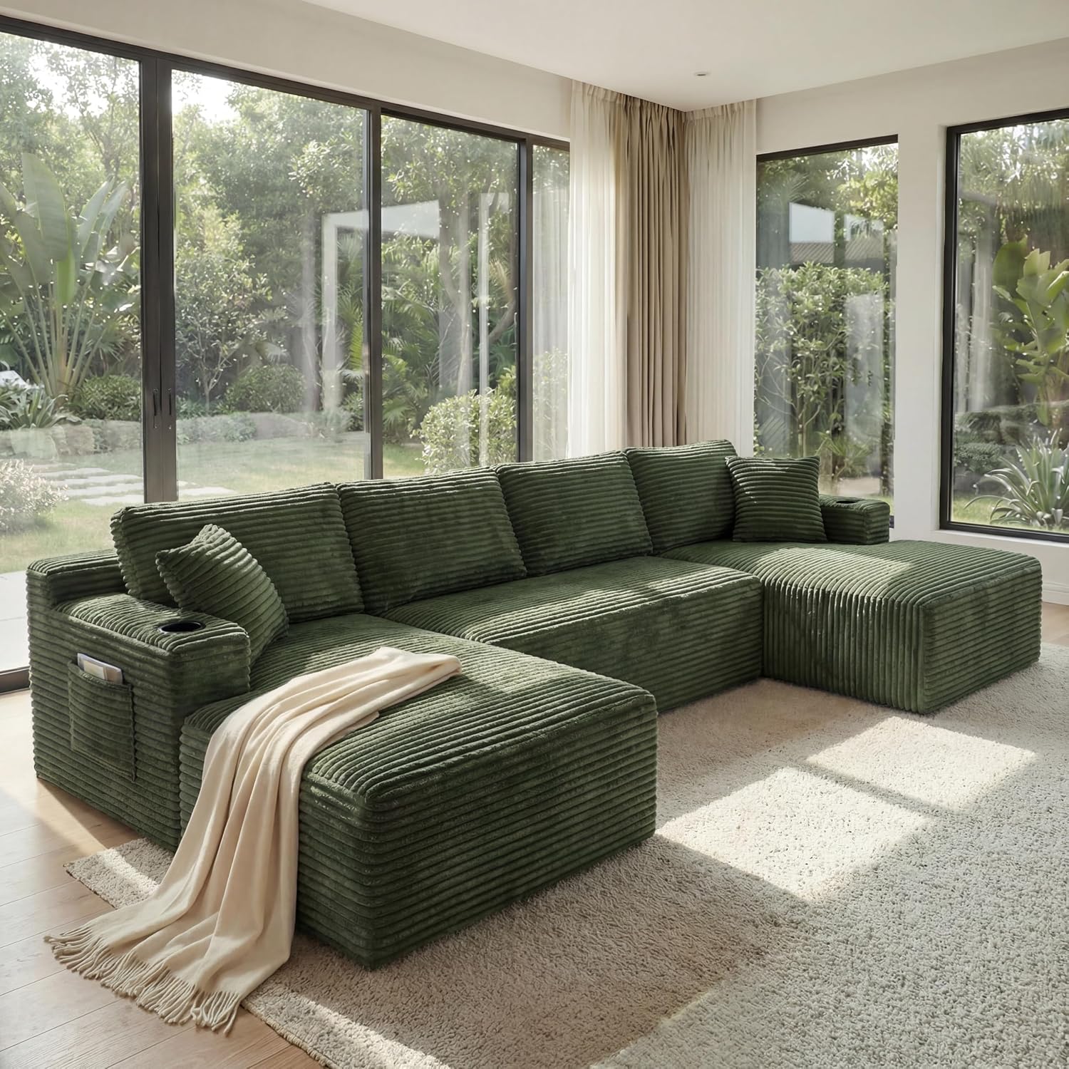 133" U-Shaped Modular Sectional Sofa, Corduroy Couch, Green | Cloud Luxury Comfort, Couches for Living Room, Storage & Cupholder, Oversized Sofa, Deep Seat, No Assembly Required