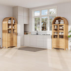 71" Tall Arched Kitchen Pantry Cabinet with Door Shelves, Farmhouse Kitchen Storage Cabinet with Open & Adjustable Shelves, Hidden Drawer & Glass Door, Cupboard for Kitchen, Dining Room, Natural