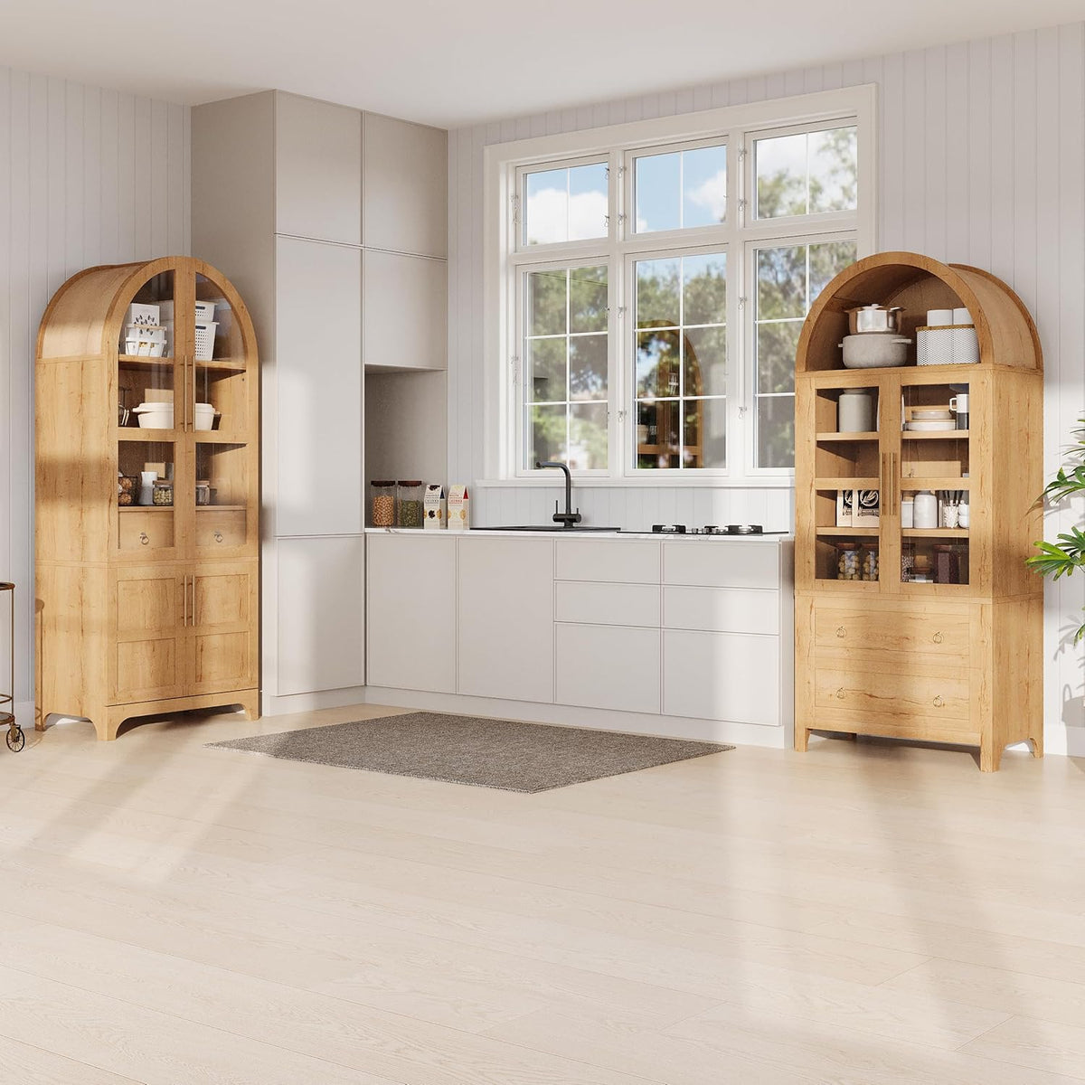 71" Tall Arched Kitchen Pantry Cabinet with Door Shelves, Farmhouse Kitchen Storage Cabinet with Open & Adjustable Shelves, Hidden Drawer & Glass Door, Cupboard for Kitchen, Dining Room, Natural