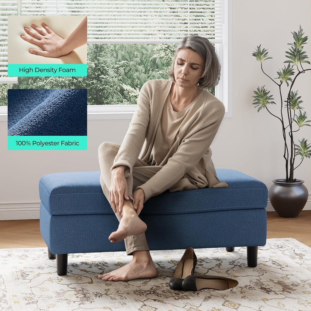 LINSY HOME 46 Inches Wide Storage Ottoman Bench, Linen Coffee Table Long Shoes Bench Footstool, Storage Chest, Foot Rest Stool, for The Living Room, Entryway and Family Room (Blue)
