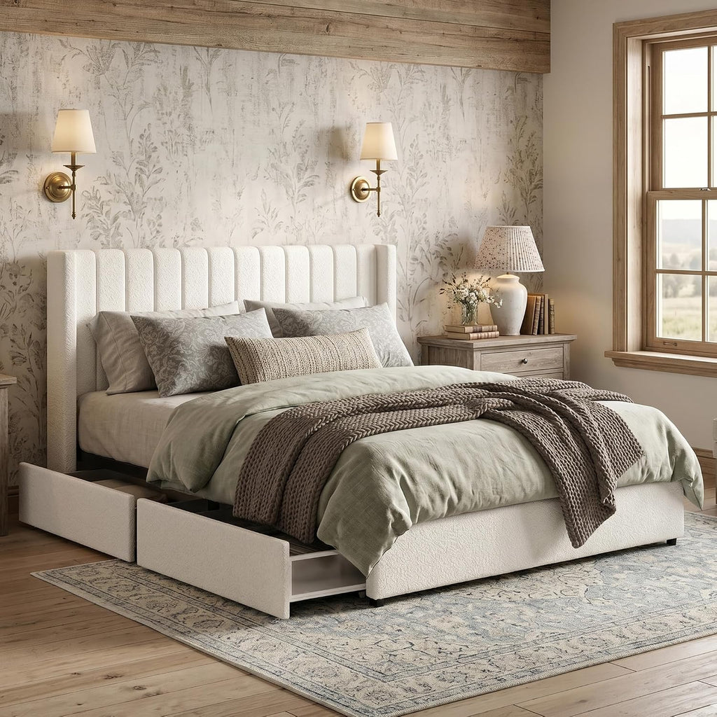 Queen Size Storage Bed Frame with 4 Drawers, Ivory Boucle Upholstered Platform Bed, Vertical Channel Tufted Headboard, Metal Frame Support, No Box Spring Needed