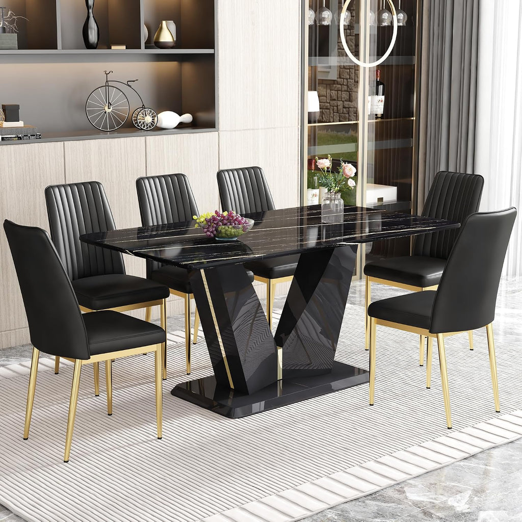 7 Pieces Modern Dining Table Set 63" Black Marble Dining Table Set for Rectangle Dining Room Table and 6 Black PU Leather Chairs for Kitchen, Office, Meeting Room, Restaurant