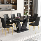 7 Pieces Modern Dining Table Set 63" Black Marble Dining Table Set for Rectangle Dining Room Table and 6 Black PU Leather Chairs for Kitchen, Office, Meeting Room, Restaurant