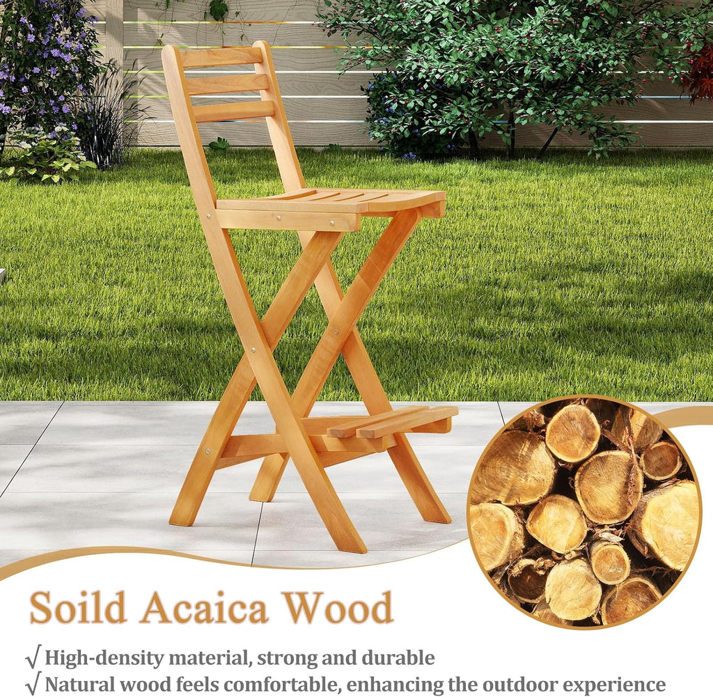 COSTWAY Outdoor Folding Bar Stool, Acacia Wood High Top Chairs with Slatted Backrest, Safety Lock, Space-Saving Patio Barstools for Backyard, Poolside, Garden, Balcony