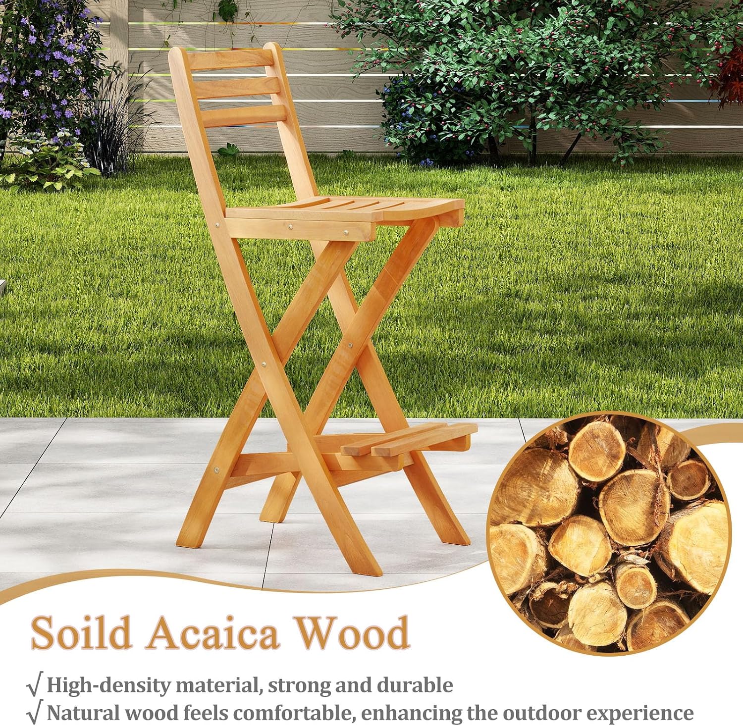 COSTWAY Outdoor Folding Bar Stool, Acacia Wood High Top Chairs with Slatted Backrest, Safety Lock, Space-Saving Patio Barstools for Backyard, Poolside, Garden, Balcony