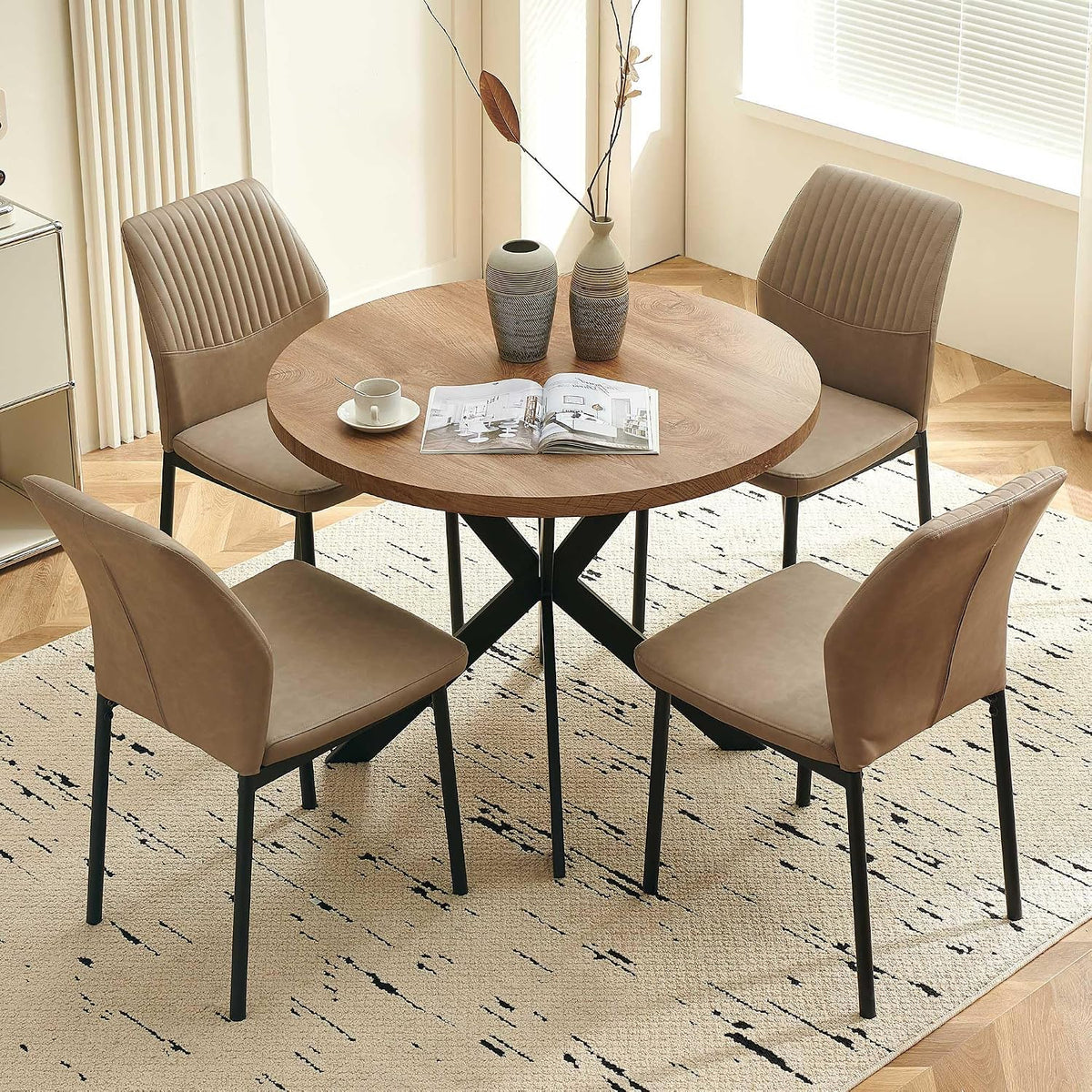 Comfortable Dining Chairs Set of 4 Upholstered Faux Leather Cushion Seat | Ergonomic Design, Easy Assembly, Stain Resistant Material - Beige