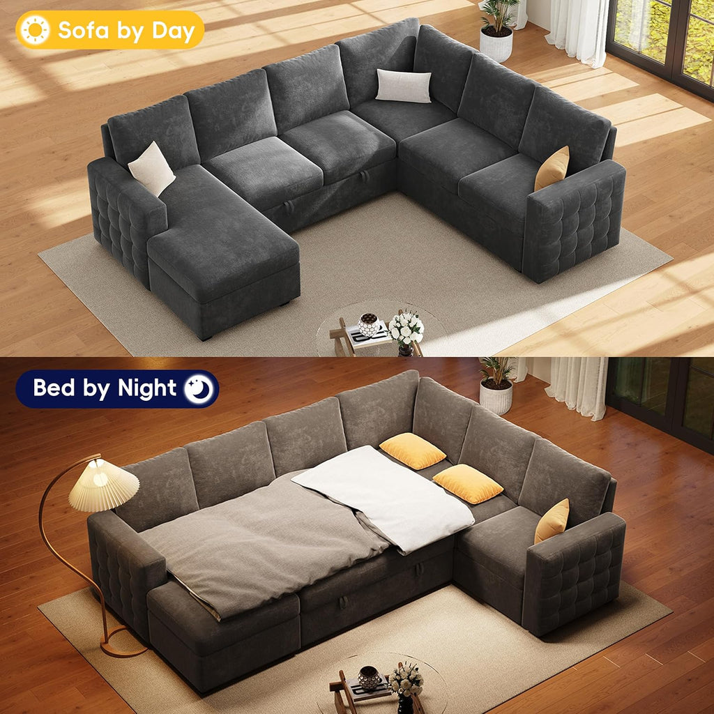 104" Sectional Sleeper Sofa Bed, 7 Seat Pull Out Couch with Storage, Gray | U Shaped Sectional Couches for Living Room, Apartment and Guest Room, Chenille Upholstered Sectional Couch