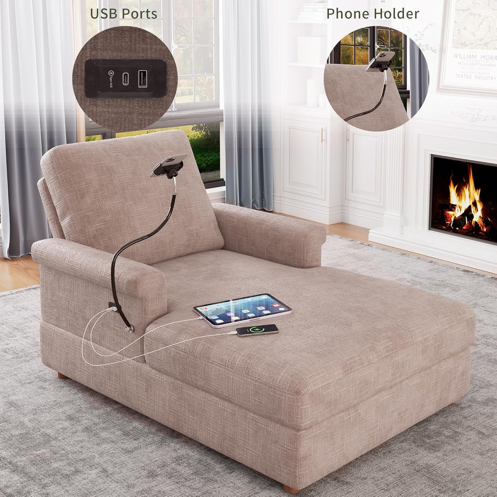 EJUNQ 66.5" Oversized Chaise Lounge Chair Indoor，Cozy Sofa Bed with Phone Holder and USB Charger，Upholstered Deep Seat Sleeper Sofa Bed，Comfy Single Sofa Armchair for Living Room -Brown