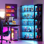 PAKASEPT Corner Display Curio Cabinet with Glass Doors, Glass Display Case with LED Lights for Collectibles,Display Storage Shelves for Living Room,Black