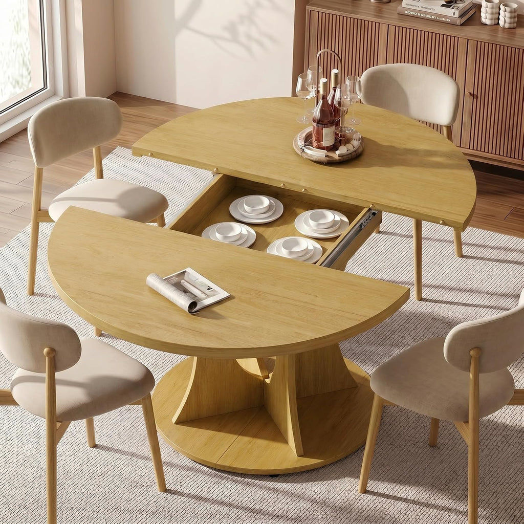 Einhomn 43-59" Extendable Round Dining Table, Kitchen Table for 4-8, Farmhouse Circle Dining Room Table with Removable Leaves,Hidden Storage, Space Saving Wood Kitchen & Dining Room Furniture, Oak