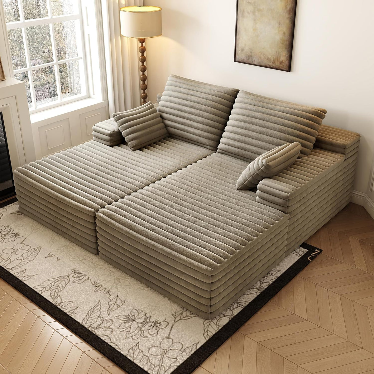 80” Oversized Double Lounge Chaise,Cloud Plush Sofa Bed,Upholstered Cloud Sofa Deep Seat,No Assembly Required,Modern Corduroy Sleeper Loveseat Chair for Living Room Bedroom Reading,Camel