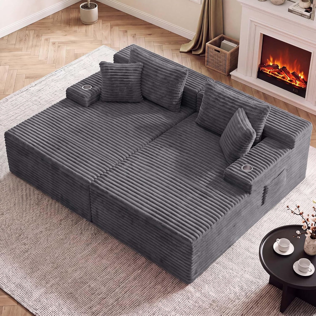 85'' Loveseat Chaise Lounge Chair, Oversized Double Couch | Deep Seat Sofa Bed Sleeper Couch, Reading Chairs Cloud Sofas for Living Room, Bedroom, No Assembly, Corduroy Dark Gray