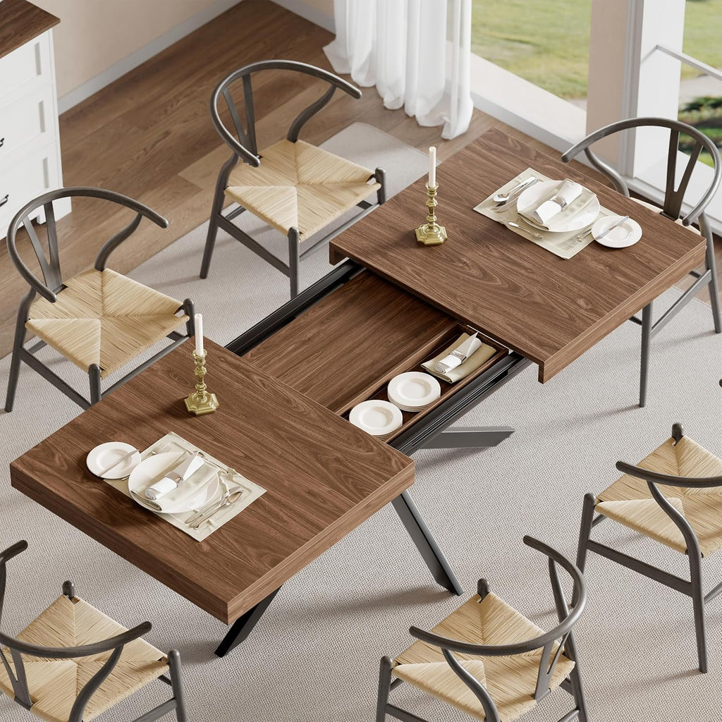 Extendable Dining Room Table for 4-6-8, Large 55''-70.9'' Wood Rectangle Expandable Dining Table with Hidden Storage, Space Saving Farmhouse Kitchen Table for Dining Room Kitchen Office,Walnut
