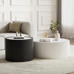 17.7-Inch Round End Table for Living Room Office, White Faux Marble Tabletop, Black Fluted PU Leather Covered, Modern Round Sofa Side Table Small Coffee Table, 17.71''Dia x 17.71''H