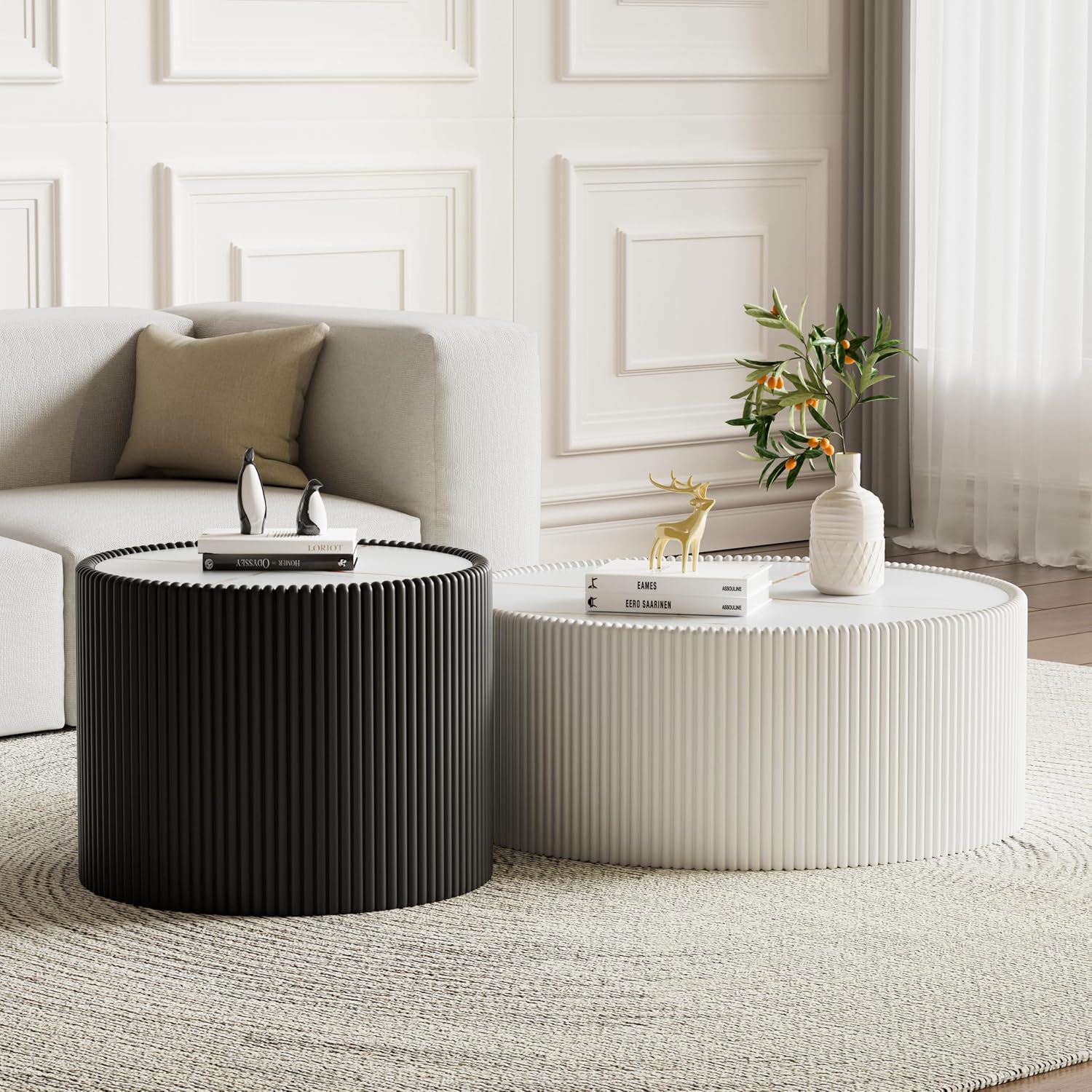 17.7-Inch Round End Table for Living Room Office, White Faux Marble Tabletop, Black Fluted PU Leather Covered, Modern Round Sofa Side Table Small Coffee Table, 17.71''Dia x 17.71''H