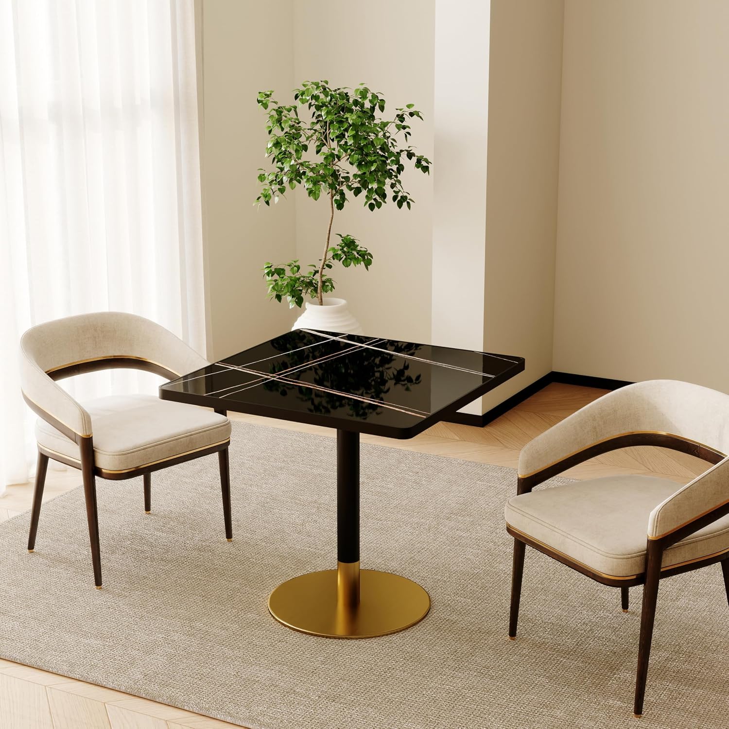 Henf 31.5'' Square Dining Tulip Table for 2 4, Modern Black Faux Marble Bistro Table with Sintered Stone Tabletop, Small Black Gold Metal Edge & Base Tulip Tables for Dining Room, Cafe, Apartment