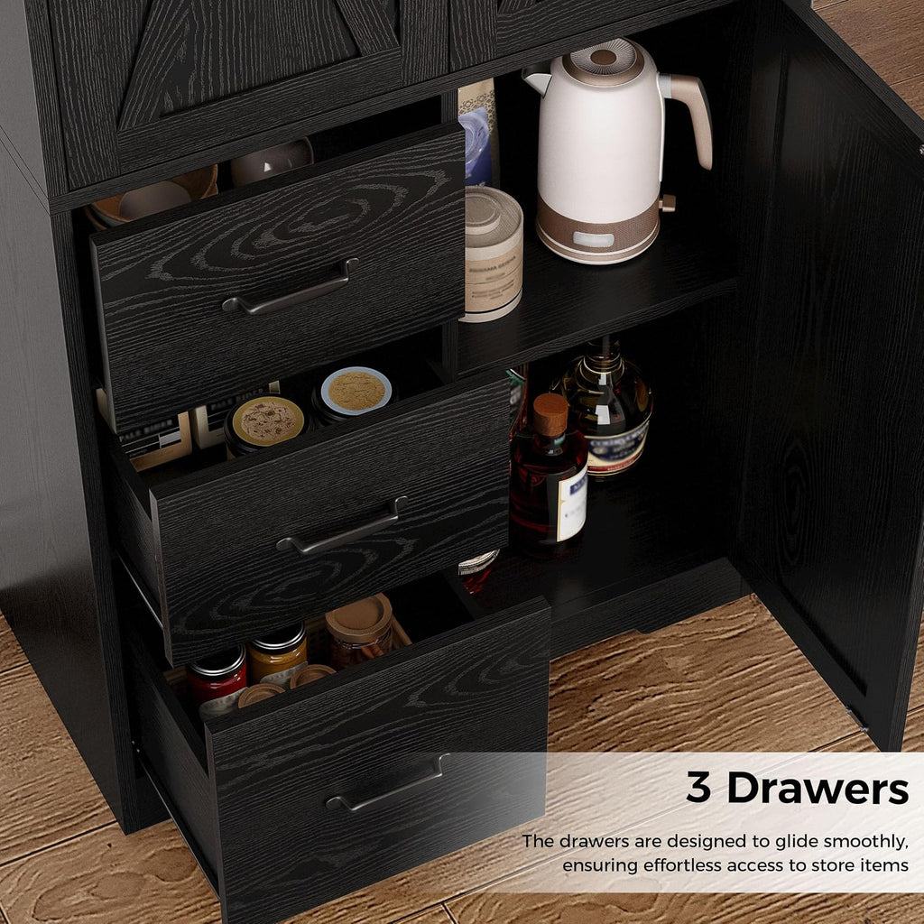 IRONCK Pantry Cabinet, Kitchen Storage Cabinet with 3 Door & Drawer, Black | Adjustable Shelf. 67.5inch Tall. 5 Tier Freestanding. 150 lbs Per Shelf. Modern Style. FSC-certified Wood. Anti-tip.