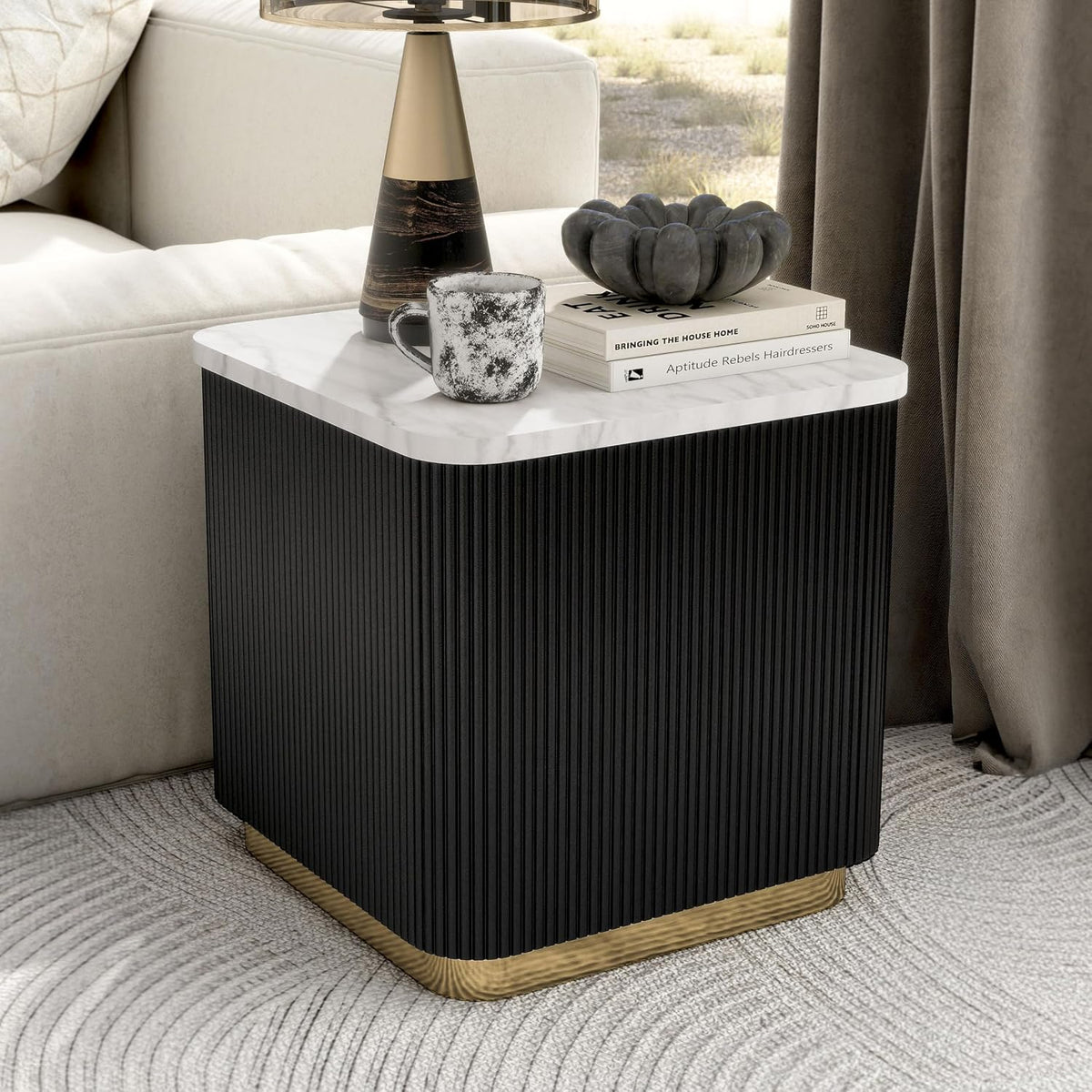 Furniture of America Beryl Modern Square White Genuine Marble Top End Table with Fluted Pedestal Base and Gold Stainless Steel Accent, Low Profile Table for Living Room, Home Office, Black
