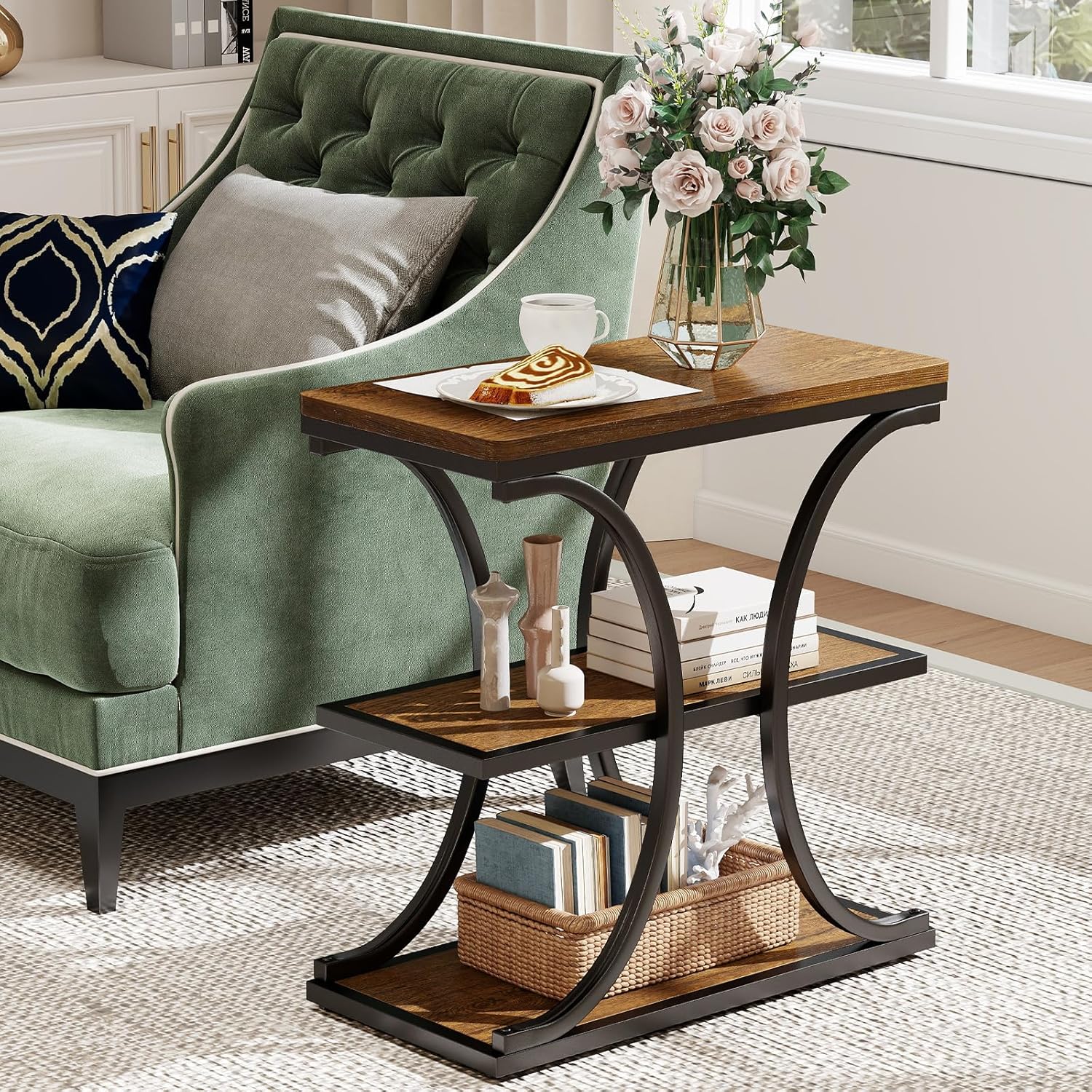 BECHAEO 24" End Tables Living Room, Industrial 3-Tier Small Side Table with Storage Shelves, Wood Sofa Table with Geometric Metal Frame, Multi-Functional Nightstand for Bedroom