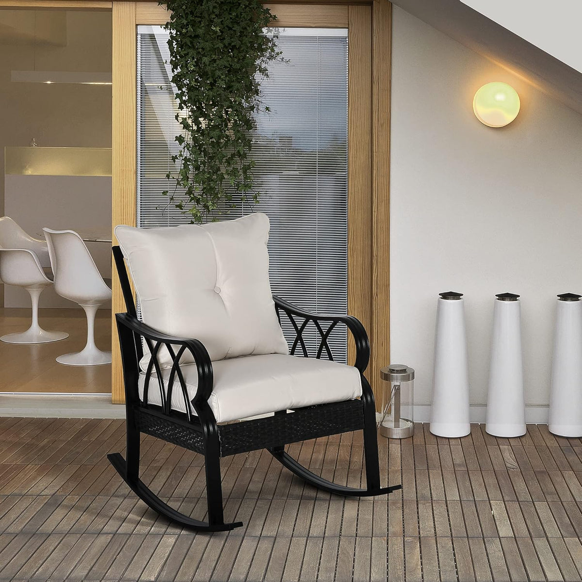 Outsunny Outdoor Wicker Rocking Chair with Padded Cushions, Aluminum Furniture Rattan Porch Rocker Chair w/Armrest for Garden, Patio, and Backyard, Khaki