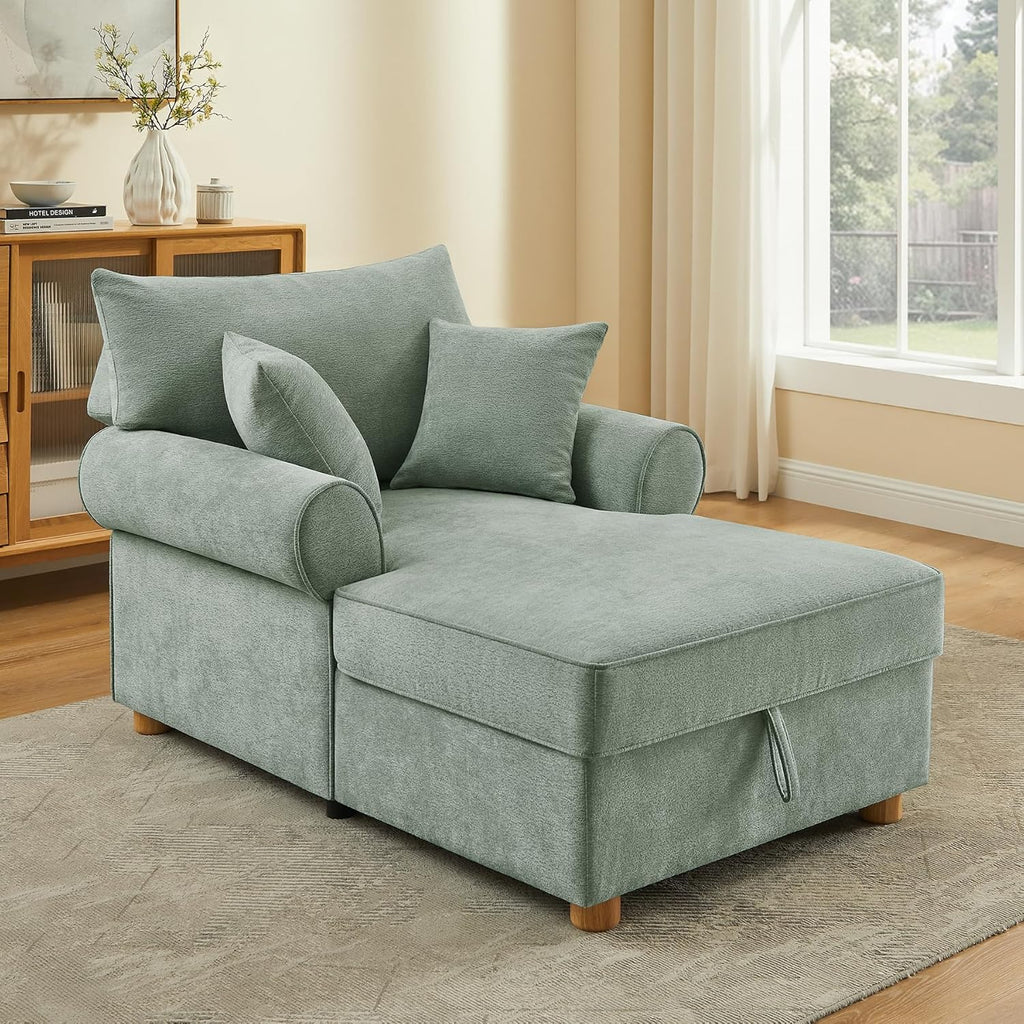 VANOMi Oversized Chaise Lounge Chair Indoor, Comfy Reading Chair with Storage, Chenille Upholstered Sleeper Chair with 2 Pillows Accent Armchair for Living Bedroom, Light Green