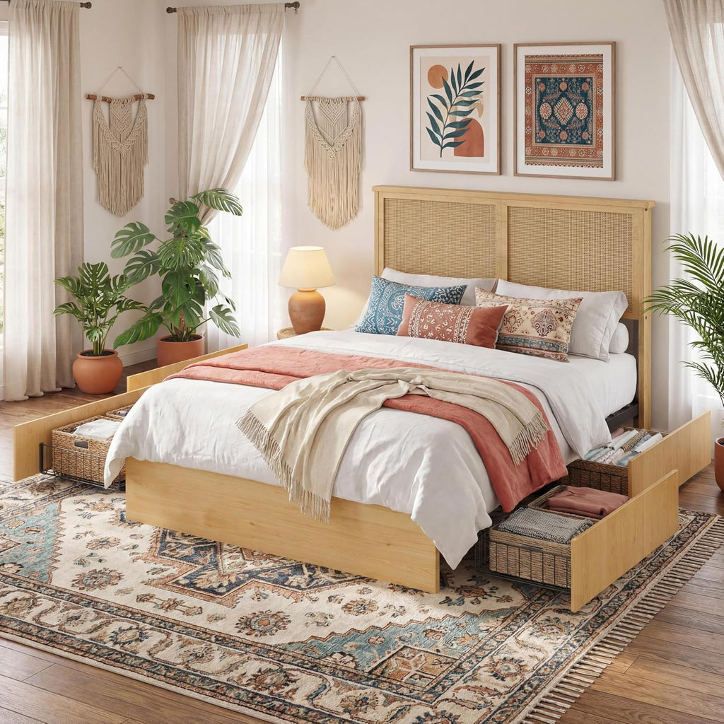 GAOMON Queen Size Bed Frame with 4 Storage Drawers and Rattan Headboard