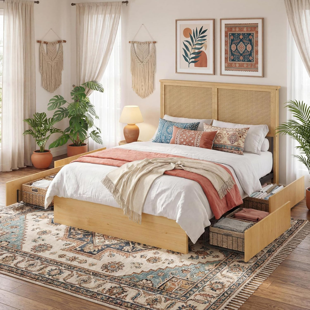 GAOMON Queen Size Bed Frame with 4 Storage Drawers and Rattan Headboard