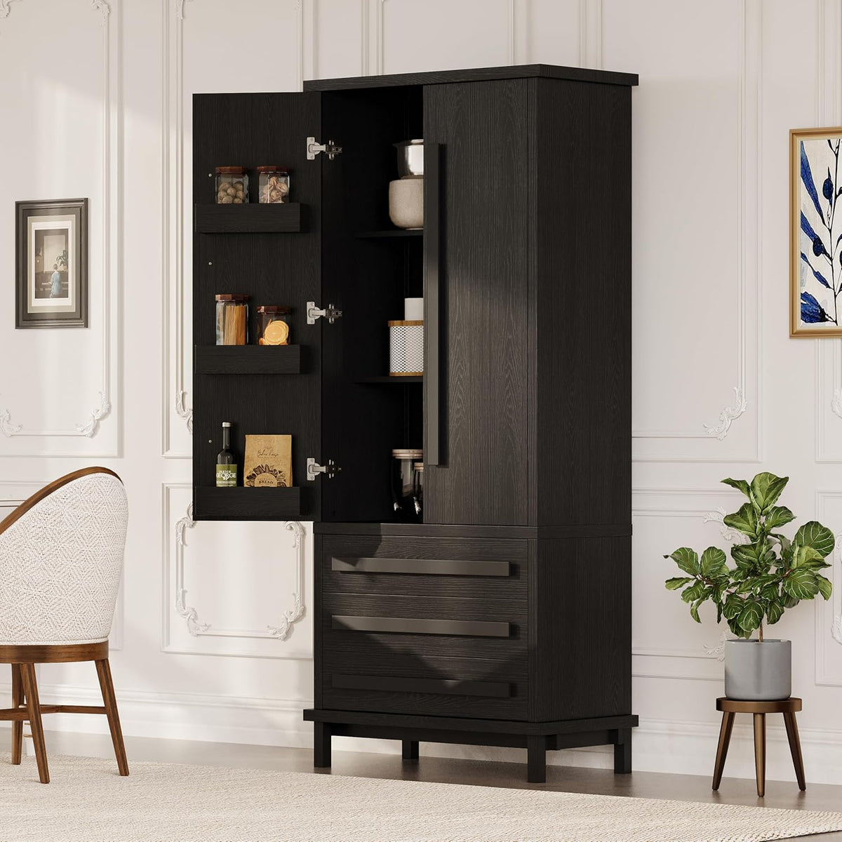 Christopher Knight Home Chenny 70''H Wooden Kitchen Pantry Cabinet, Storage Cabinet with Adjustable Shelves, 6 Door Internal Storage Compartments & 3 Drawers, Freestanding Cupboard Cabinet, Black