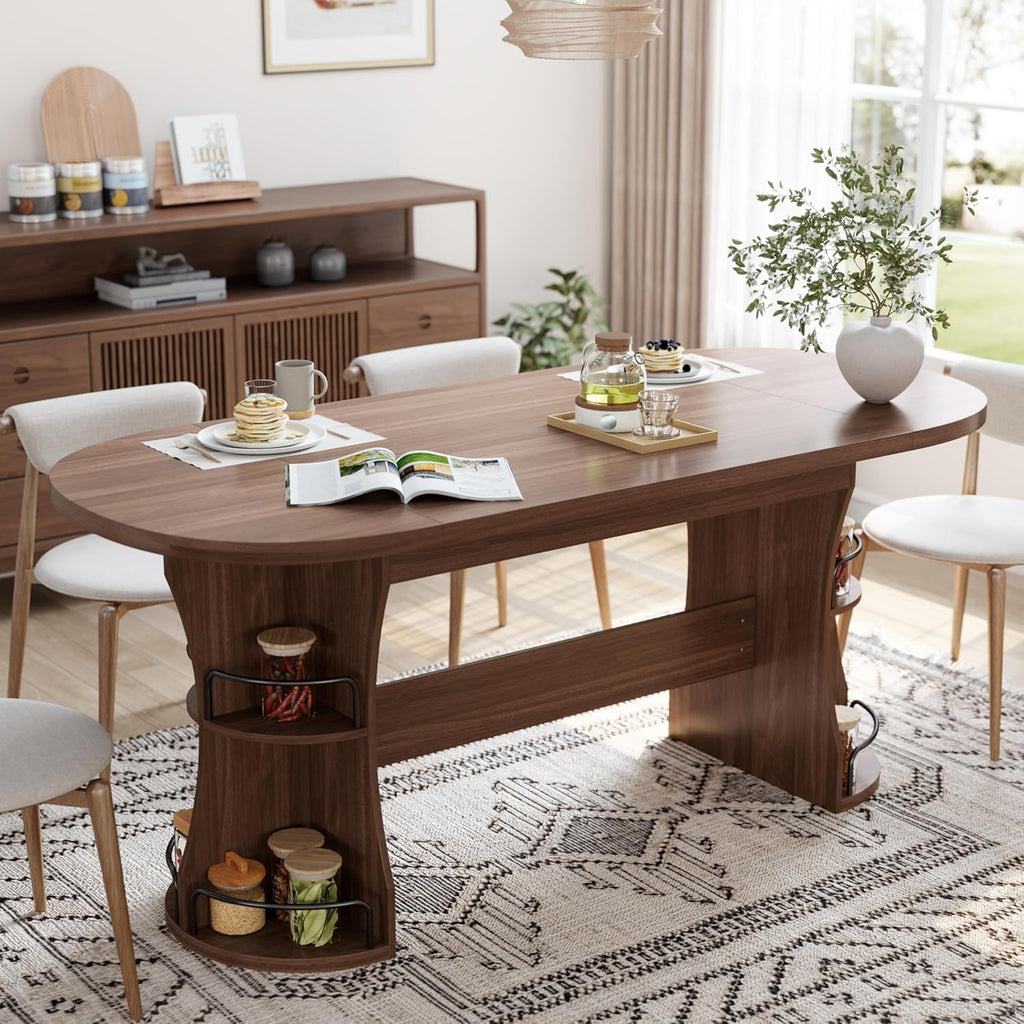 70.8" Dining Table for 4-6, Oval Kitchen Tables with Storage, Long Dinner Table with Curved Base, Modern Dining Room Tables for Living Room Gathering (Walnut)