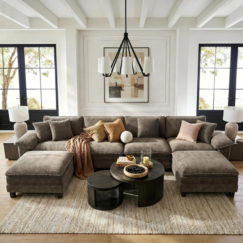 HERA'S HOUSE 158" Oversized Modular Sectional U Shaped Sofa,Chenille Ash | 6-Seater Living Room Couches, Wider Armrest and Deep Seat, Comfy Cloud Couch with Ottoman, Light Gray