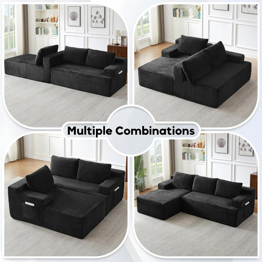96.1" Cloud Sectional Couch, Modern Modular L Shape Sectional Sofa with Deep Seat Chaise, Comfy Corduroy Couches for Living Room (Black, Left Chaise)