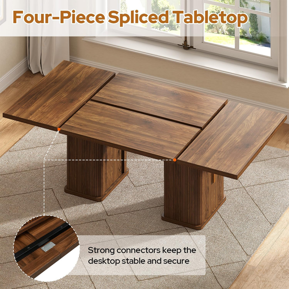 78.7" Long Rectangle Dining Table with Fluted Storage Legs for 6/8/10, Farmhouse Dinner Tables with Large Tabletop, Storage Shelves and Sliding Tambour Doors for Dining Room, Kitchen, Living Room