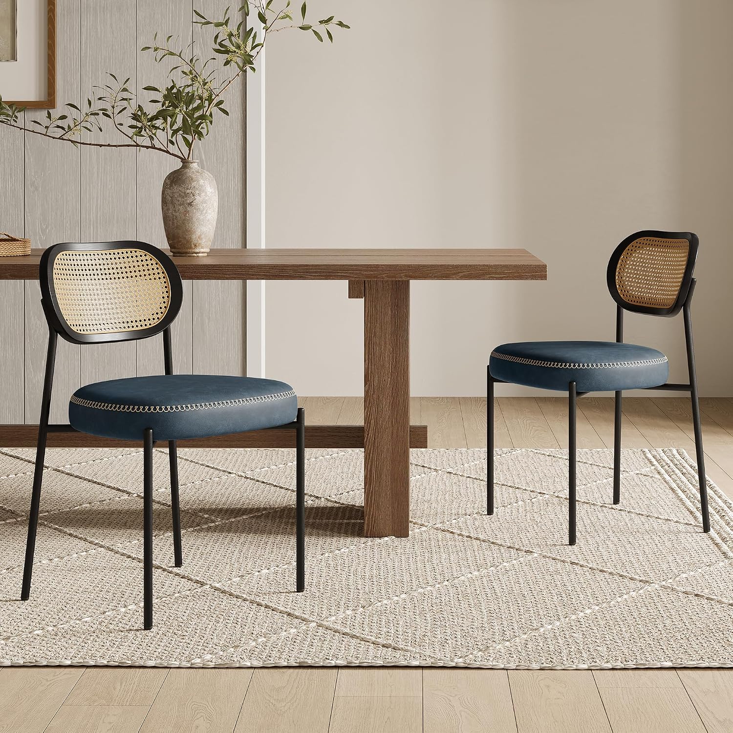 Rattan Dining Chairs Set of 2, Blue Leather Upholstered Dining Chairs with Rattan Cane Back, Mid Century Modern Dining Room Chairs with Black Metal Legs & D-Shaped Thicken Cushion, Blue