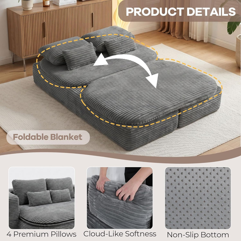 75'' Folding Sleeper Sofa Bed, Memory Foam Fold Out Couch, Foldable Full Size Guest Bed Mattress, Modern 2-in-1 Floor Deep Seat Sleeper Sofa with 4 Pillows and Blanket (Corduroy, Gray)