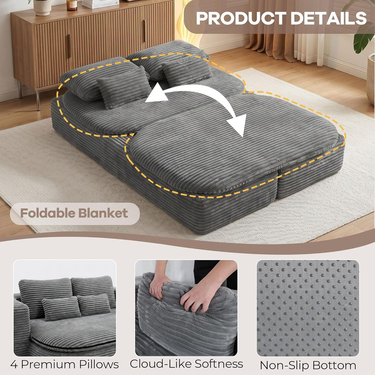 75'' Folding Sleeper Sofa Bed, Memory Foam Fold Out Couch, Foldable Full Size Guest Bed Mattress, Modern 2-in-1 Floor Deep Seat Sleeper Sofa with 4 Pillows and Blanket (Corduroy, Gray)
