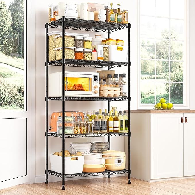REIBII 1000LBS Wire Shelving Unit, 5 Tier Adjustable Metal Storage Shelves for Kitchen Pantry Office Steel Organizer Wire Rack for Narrow Space College Dorm School, 13.4" D x 23.2" W x 60" H, Black