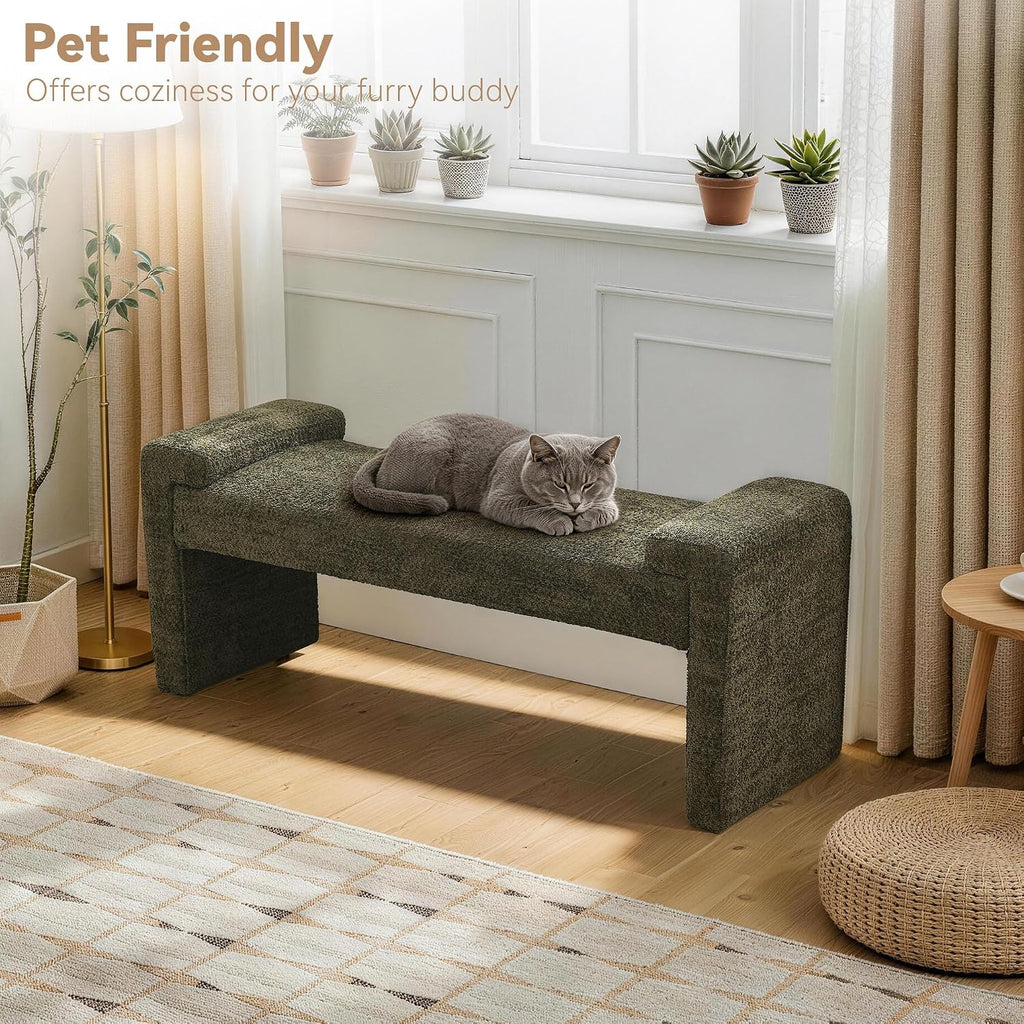 43" Upholstered End of Bed Bench, Entryway Bench with Curved Armrests, Modern Bedroom Bench Seat with Solid Wood Frame for Living Room, Hallway, Green